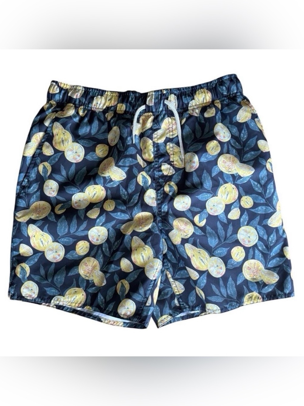 Laguna Men's Lemon Print Citrus Floral Swim Trunks Shorts Black Sz S Beach Vacay